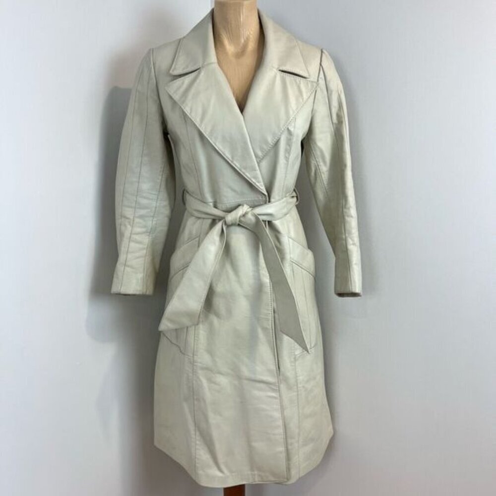 Vintage Embassy Women’s XS Ivory Leather Belted Trench Coat Made in Canada 70s